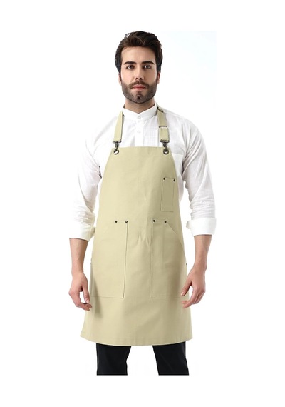 Barista Boyundan Askılı Önlük Kanguru Cepli - Bej Çok Renkli