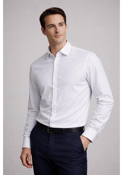 Yusaytr Slim Fit Uzun Kollu Pamuklu Gizli Düğme Yakalı Oxford Gömlek Beyaz Beyaz