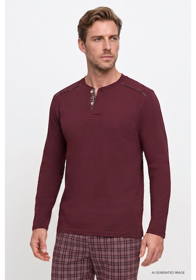 Ac&Co / Altınyıldız Classics Erkek Bordo %100 Pamuk Standart Fit Hakim Yaka Desenli Cepli Pijama Takımı