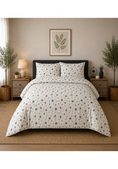 Çift Kişilik Nevresim Takımı %100 Pamuk 200x220 Lastikli Çarşaflı 160x200 Mavi - Beyaz