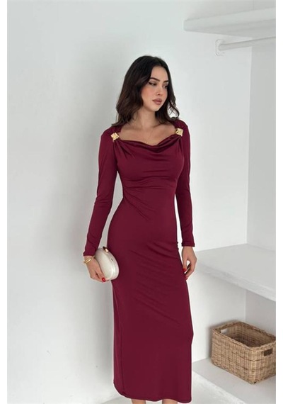 Neşeli Butik Kadın Drapeli Kayık Yaka Gold Aksesuarlı Elbise Nbk4386 Bordo