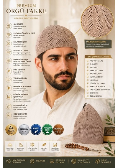 Premium Örgü Takke Nefes Alan İnce Ve Hafif Erkek Takkesi Bej Yeşil