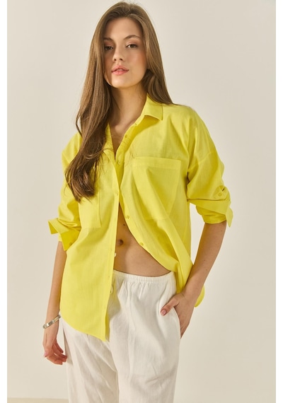 Kadın Çift Cepli Oversize Keten Gömlek 40861002 - Sarı