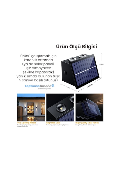 Technosmart 2adet Güneş Enerjili Çift Taraflı 4 Ledli Aplik Sarı Işık Duvar Lambası Bahçe Aydınlatma