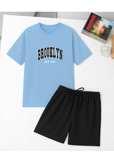 Uyguntarz Unisex Brooklyn Baskılı Tasarım Şort Takım Bebe Mavi