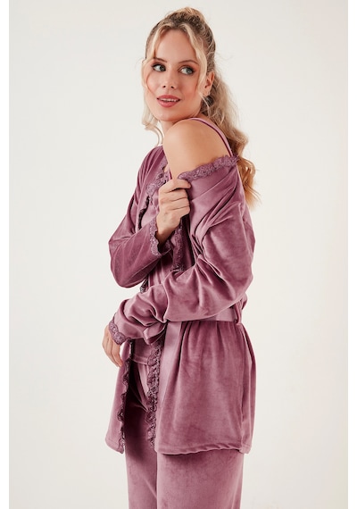 Lela Regular Fit Dantelli Yumuşak Dokulu Sabahlıklı Kadife Bayan Pijama Takımı 6095545 Pudra