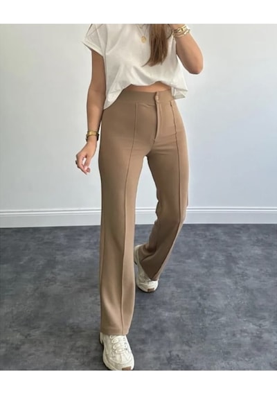 Nevege Butik Nevege Kadın Krep Kumaş Likralı Ön Çimalı Ispanyol Paça Palazzo Pantolon Camel