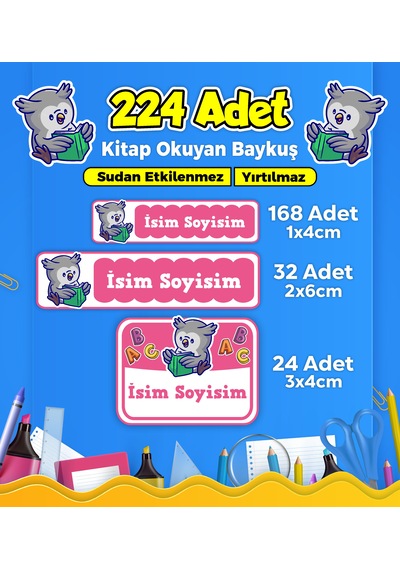 Sevimli Baykuş Temalı Okul Kreş Kişiye Özel İsim Etiket Seti - Model 186 Çok Renkli