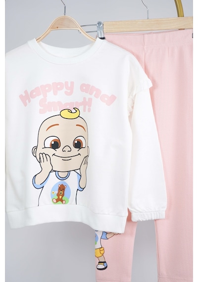 Kız Çocuk Happy And Smart Baskılı Pamuk Taytlı Takım Ekru