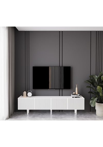 Capella Beyaz Country Mdf 4 Kapak Ahşap Ayaklı 180 Cm Tv Ünitesi