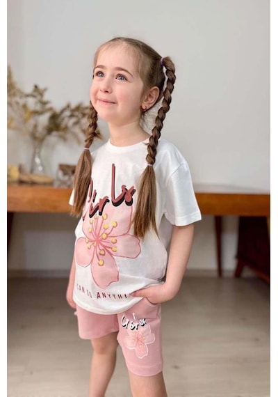 Riccotarz Kız Çocuk Üzeri Girl Yazı Ve Lale Detaylı T-shirt Pudra Şortlu Takım
