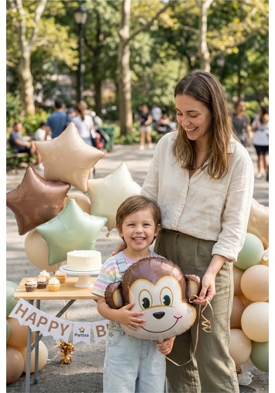 Safari Maymun Kafa Folyo Balon 42x41 Cm Safari Temalı Çocuk Doğum Günü Parti Süsü Çok Renkli