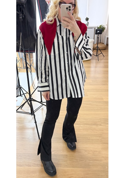 Modaonna Siyah Çizgili Beyaz Oversize Gömlek