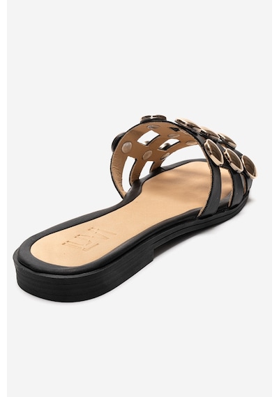 Luvishoes Bareon Siyah Cilt Hakiki Deri Bantlı Altın Tokalı Kadın Terlik