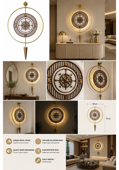 Gold Mahsertini - Pusula Serisi - Pilli Led Sistemi - Metal Duvar Saati
