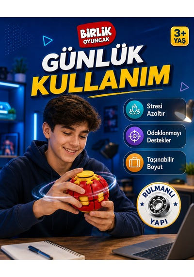 Stres Topu Press & Spin Basınca Dönen Fidget Spinner Oyuncak 3+ Yaş Kırmızı