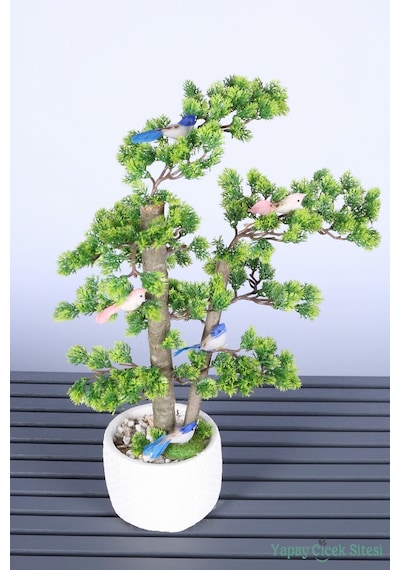 Yapay Çiçek Sitesi Dekoratif Saksıda Yapay Kuşlu Bonsai Ağaç 55 Cm Yeşil