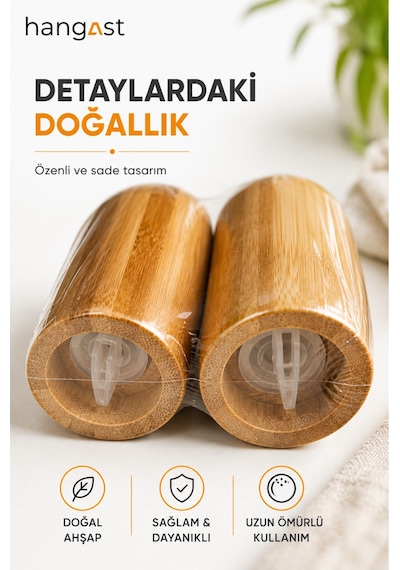 Bambu 2'li Ahşap Tuzluk Biberlik Seti Doğal Ahşap Tuz Ve Baharatlık Mutfak Masa Üstü Baharatlık Bej