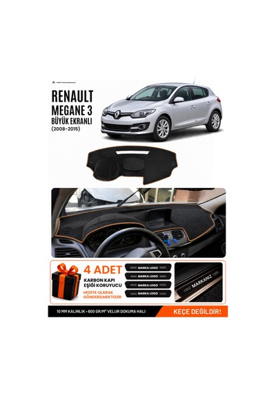 Renault Megane 3 Büyük Ekran 2008-2015 Uyumlu Torpido Örtüsü - Siyah Kahverengi