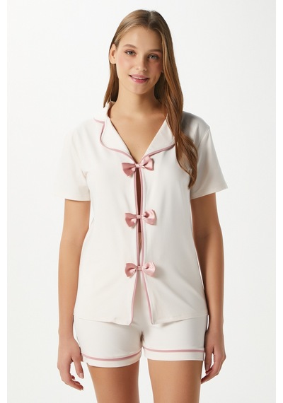 Ritnice Kadın Violet Ekru Şortlu Fiyonklu Alt Üst Pijama Takımı