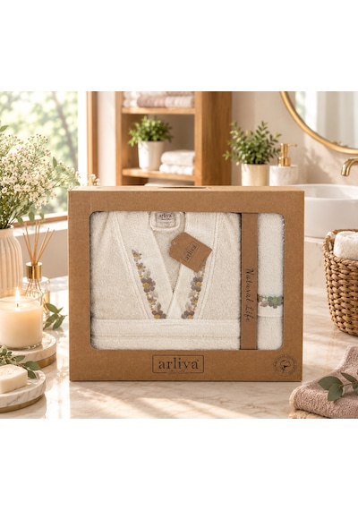 Arliva Home Mono Naturel Nakışlı Bukle Bornoz Seti Krem