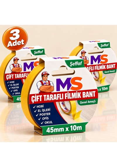 3 Adet Çift Taraflı Filmik Şeffaf Bant 45 Mm X 10 Metre Yapışkanlı Hobi Bandı El Çok Amaçlı Bantları