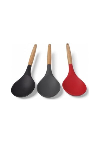 Bambu Saplı Silikon Servis Kaşığı, Bambu Uzun Silikon Servi Kaşığı 28cm 3 Renk Seçenekli, Yemeklerinizi Servis Etmek İçin Silikon Servis Kaşığı Kırmızı