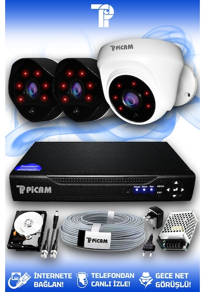 Picam 3 Kameralı Uzay 1 İç Kamera Set 100 GB HDD Full HD Gece Görüşlü Güvenlik Kamerası Sistemi