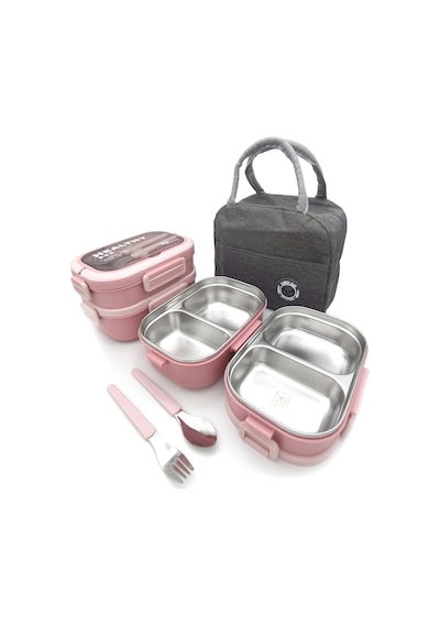 Valkyrie 304 Çelik Bölmeli Lunch Box Seti Termal Çantalı, Bölmeli, Çatal Kaşıklı, Sızdırmaz Yemek Kabı Pembe Pembe