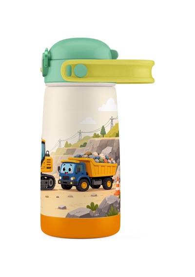 Puccon Erkek Çocuk Yeşil Sarı İş Makinesi Desenli 420 Ml Pipetli Çelik Matara Termos Sızdırma Yapmaz 60040 Çok Renkli