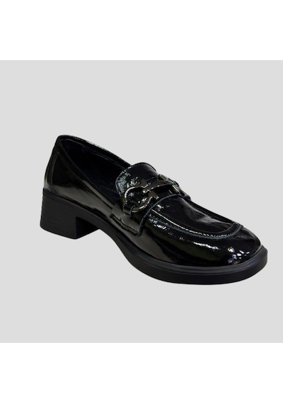 Myfit Shoes 041 Kadın Hakiki Deri Aksesuarlı Kısa Topuk Ayakkabı Siyah Rugan Çok Renkli