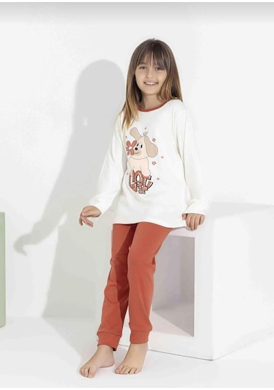 Kız Çocuk Baskılı Uzun Kollu Pijama Takımı Sevimli Ev Giyimi-8408- Kiremit