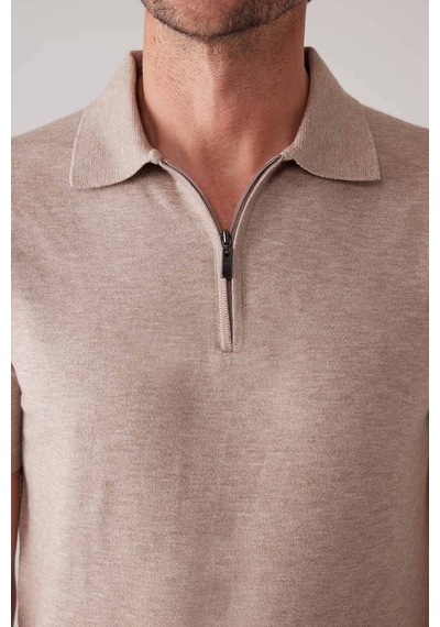 Erkek Vizon Slim Fit Yarım Fermuarlı Pamuk-kaşmir Polo Tişört
