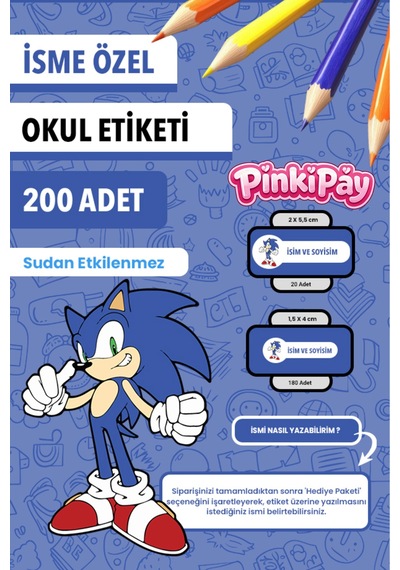İsim Yazılabilir Sonic Temalı Kişiye Özel Okul Etiketi Kalem & Defter İçin 200 Adet Çoklu