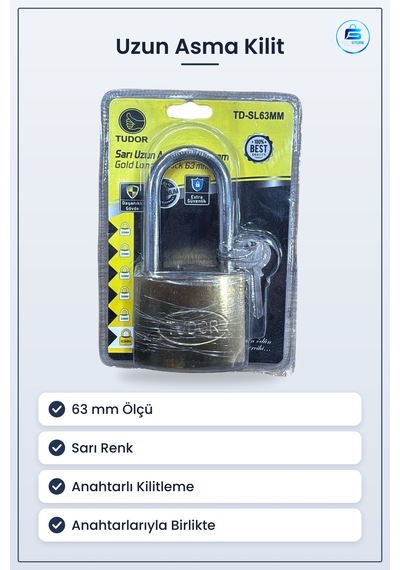Uzun Asma Kilit Sarı 63 Mm Blisterli Güvenlik Kilidi Anahtarlı Ba