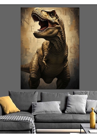Taş Devri Korkunç Dinozor T-rex Dekoratif Kanvas - Mdf Ahşap Tablo