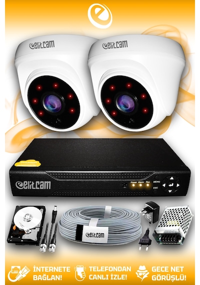Elitcam 2 Kameralı Dome 2 İç Kamera Set 320 GB HDD Full HD Gece Görüşlü Güvenlik Kamerası Sistemi