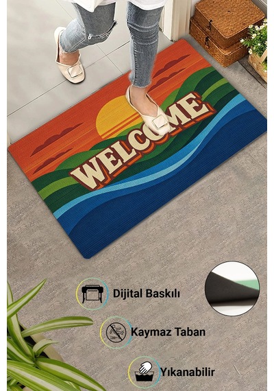 Valerine Life Retro Gün Batımı Welcome Dijital Baskılı Ev Ofis İşyeri Dış Kapı Önü Paspası 45x70cm Kahverengi