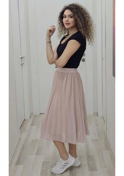 Lodmela Beli Lastikli Pliseli Etek 6018-pudra Pudra