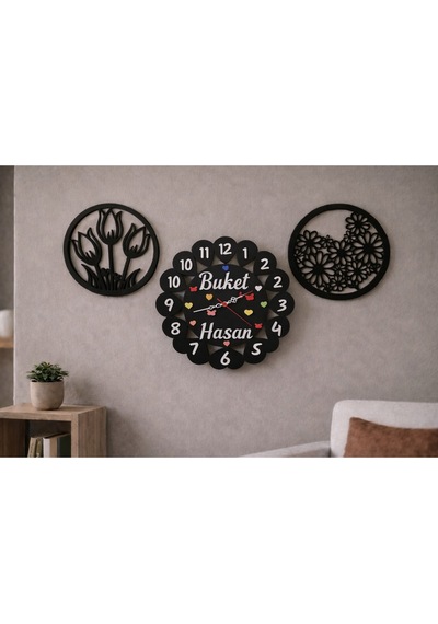 Duvar Saati 40 Cm Çiçekler 30 Cm Kişiye Özel No 1024 Çok Renkli