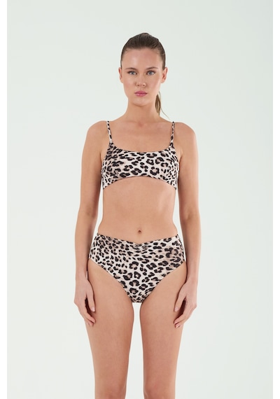 Louren Kadın Siyah Leopar Desenli İnce Kaplı Sabit Askılı Straplez Bikini Takımı Siyah