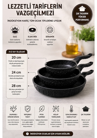 Line 3 Parça Döküm Tava Set 20/24/28 Cm Yapışmaz Siyah