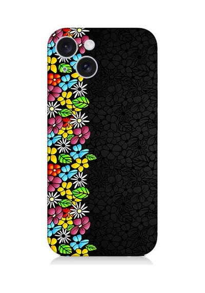 Apple Uyumlu iPhone 15 Plus Silikon Kılıf Parlak Çiçekler Ve Siyah Motif