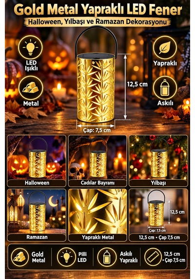 Gold Metal Yapraklı Askılı Pilli Led Fener Halloween Yılbaşı Ramazan Dekor Süsü 12,5 X 7,5 Cm Renkli