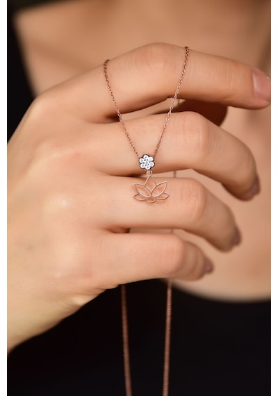 Papatya Silver 925 Ayar Gümüş Rose Kaplama Elmas Montür Çiçek Kesim Lotus Kolye