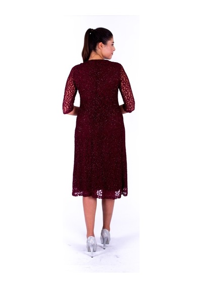 Nidya Moda Büyük Beden Kadın Bordo Dantel Abiye Elbise-4036Yb Bordo