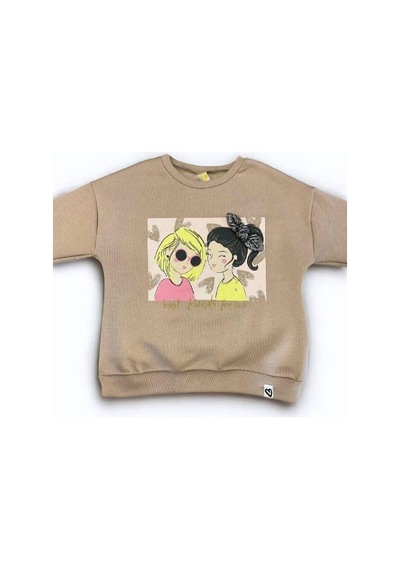 Kız Çocuk Kalın Kız Baskılı İçi Şardonlu Sweatshirt-14345 Bej