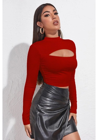 Kadın Kırmızı Göğüs Dekolteli Uzun Kollu Cut Out Crop Top Bluz