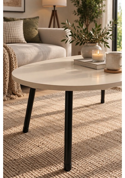 Sulorahome Metal Ayaklı Oval Orta Sehpa Krem