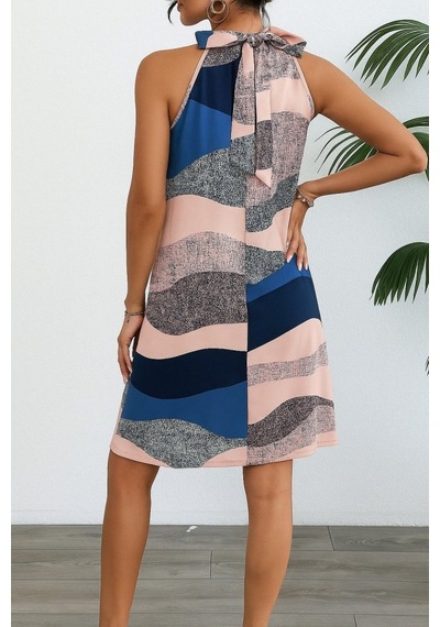 Kadın Kolsuz Boyundan Askılı Desenli Midi Süprem Elbise Desenli